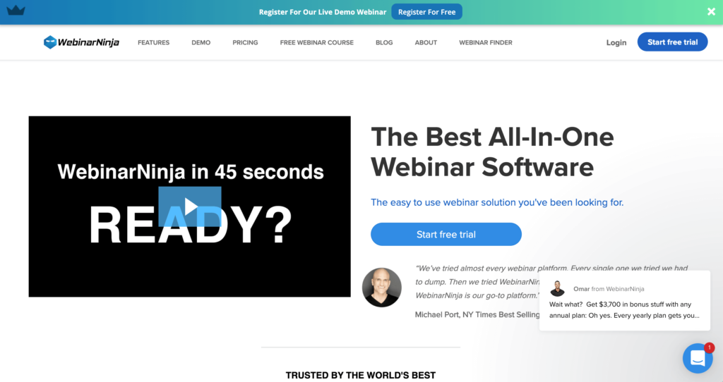WebinarNinjaの公式サイトトップページのスクリーンショット
