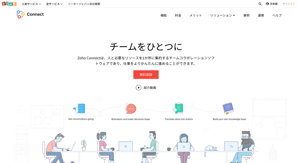 ZohoConnectの公式サイトのトップページのスクリーンショット
