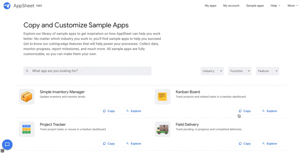AppSheetのサンプルアプリ一覧の画像