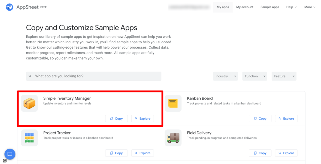 AppSheetのSampleApps選択画面のスクリーンショット