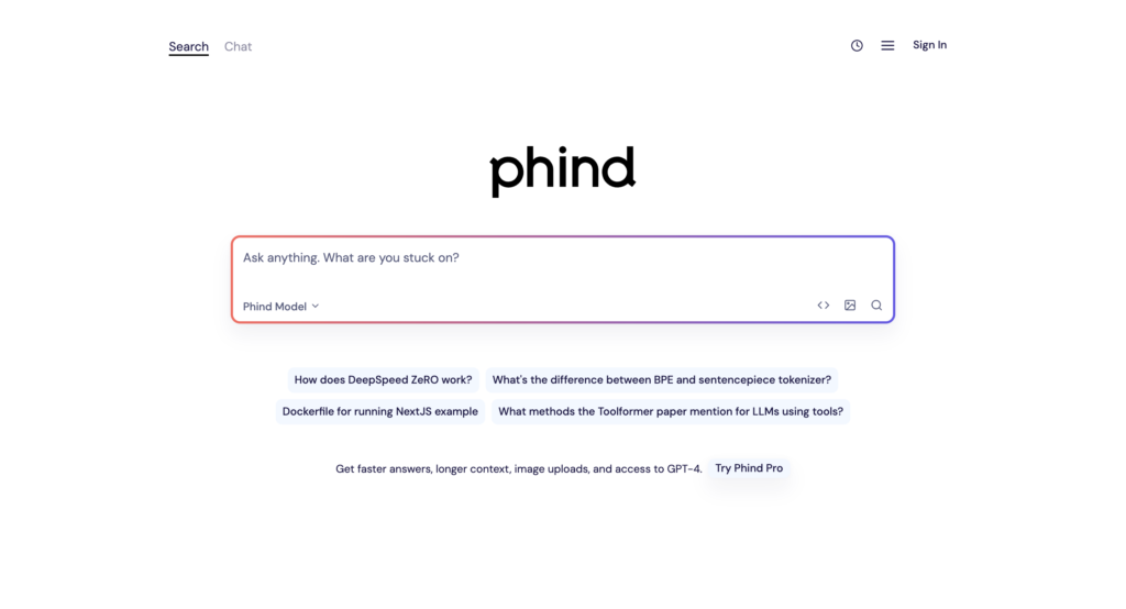 Phind公式サイトのスクリーンショット
